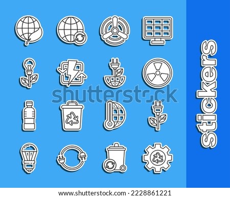 Set line Recycle symbol and gear, Electric saving plug in leaf, Radioactive, Wind turbine, Recharging, Light bulb with, Earth globe and  icon. Vector