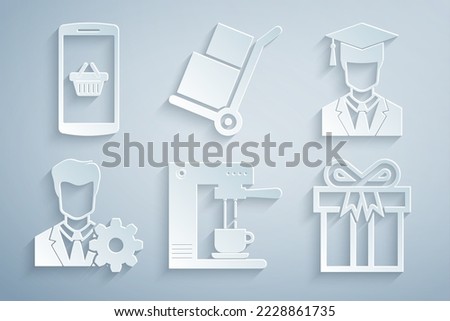 Set Coffee machine and cup, Graduate with graduation cap, Profile settings, Gift box, Hand truck boxes and Shopping basket mobile icon. Vector