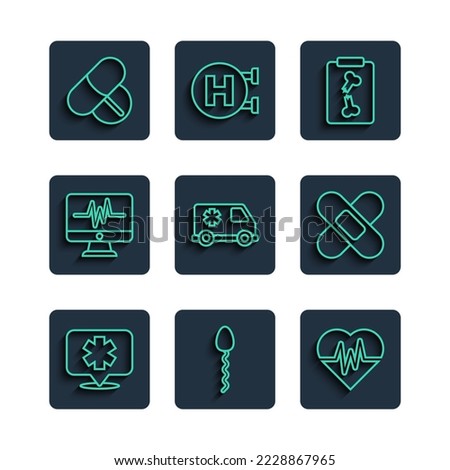 Set line Medical symbol of the Emergency, Sperm, Heart rate, X-ray shots, car, Monitor with cardiogram, Medicine pill tablet and Crossed bandage plaster icon. Vector