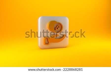 Gold Donation hand with money icon isolated on yellow background. Hand give money as donation symbol. Donate money and charity concept. Silver square button. 3D render illustration.