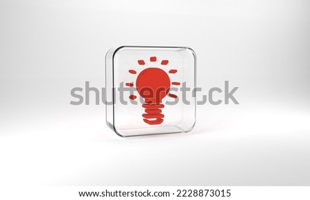 Red Creative lamp light idea icon isolated on grey background. Concept ideas inspiration, invention, effective thinking, knowledge and education. Glass square button. 3d illustration 3D render.