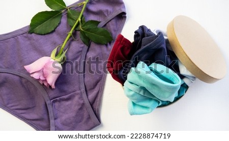 Panty set. A set of colorful, cotton classic panties in a box. Close-up. Underwear. Woman pants.