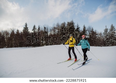 Senior couple skiing together in the middle of forest. Royalty-Free Stock Photo #2228875921