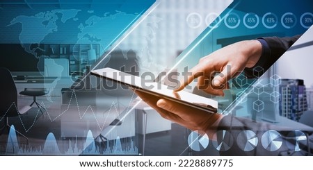 Close up of businessman hand pointing at cellphone with creative image of abstract double exposure city office background with map and business chart. Workplace, financial business environment concept