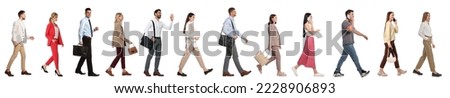 Collage with photos of people wearing stylish outfit walking on white background. Banner design Royalty-Free Stock Photo #2228906893