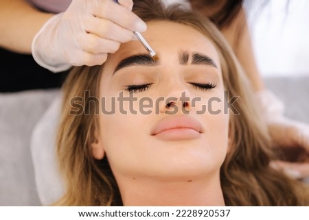 Brow master applies henna on eyebrows for beautiful blond hair woman. Fashion slyle Royalty-Free Stock Photo #2228920537