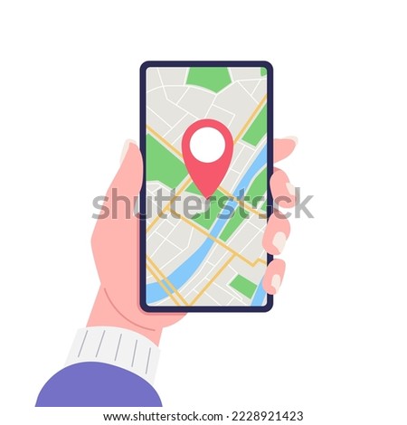 Hand holding smartphone with gps navigation map on screen. Mobile navigation concept. Vector.