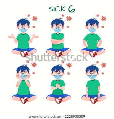 Set of kid boys showing sick expressions.Vector illustration.