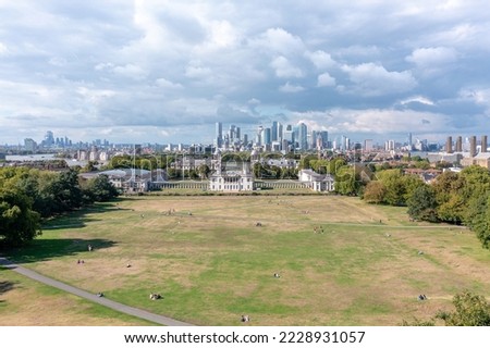 Aerial panoramic skyline Financial district London, cityscape view.