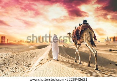 Man wearing traditional clothes, taking a camel out on the desert sand, in Dubai Royalty-Free Stock Photo #2228942621