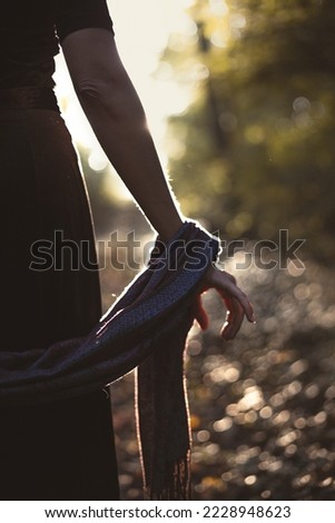 Close up lady arm and scarf concept photo. Posing woman. Front view photography with sunlit forest on background. High quality picture for wallpaper, travel blog, magazine, article