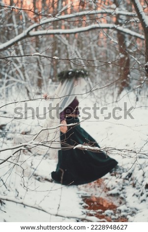 Lady spinning scenic photography. Fir wreath on head. Picture of woman with winter forest on background. High quality wallpaper. Photo concept for ads, travel blog, magazine, article