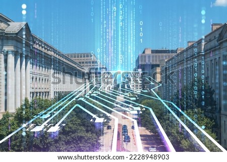 City view of iconic buildings in Washington DC, USA. Political core center of the United States of America. Artificial Intelligence concept, hologram. AI, machine learning, neural network, robotics