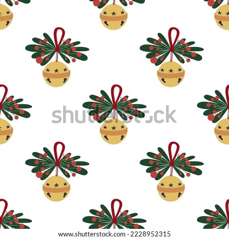 Cute Christmas composition with golden sleigh bells, holly, leaves and red berries. Winter festival seamless pattern. Christmastime mood. Royalty-Free Stock Photo #2228952315