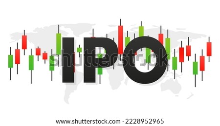 IPO sign on Forex candlestick chart background, IPO chart on world map background, Japanese candlesticks. Vector illustration Royalty-Free Stock Photo #2228952965