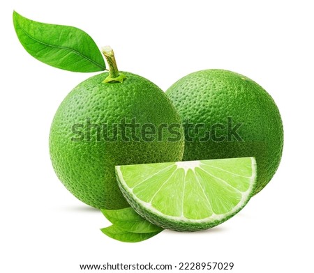 Two fresh lime whole and slice with green leaf isolated on white background. Clipping Path. Full depth of field.