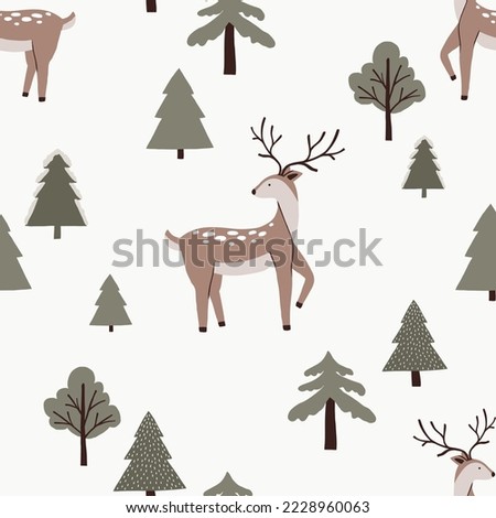 Winter seamless pattern with cute cozy forest animal deer and Christmas trees. Scandinavian vector illustration in hand drawn flat style