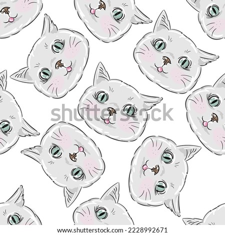 Cats seamless vector pattern on white background. Cute hand drawn kitten faces.