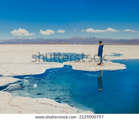 Young woman  standing near the water in the Salinas Grandes salt flats in Argentina. Salt desert in the Salta Province, Argentina. Royalty-Free Stock Photo #2229000797