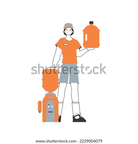 Water delivery concept. A man holds a bottle of water in his hands. Lineart style.