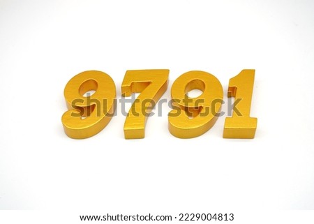  Number 9791 is made of gold-painted teak, 1 centimeter thick, placed on a white background to visualize it in 3D.                                 