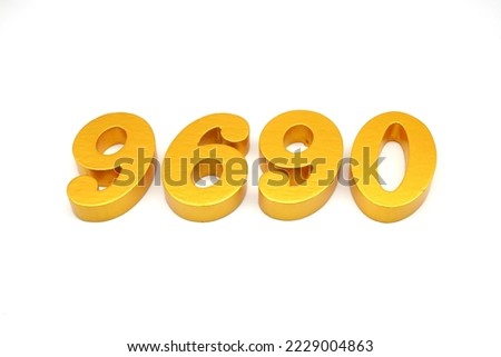  Number 9690 is made of gold-painted teak, 1 centimeter thick, placed on a white background to visualize it in 3D.                                