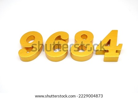 Number 9684 is made of gold-painted teak, 1 centimeter thick, placed on a white background to visualize it in 3D.                                   