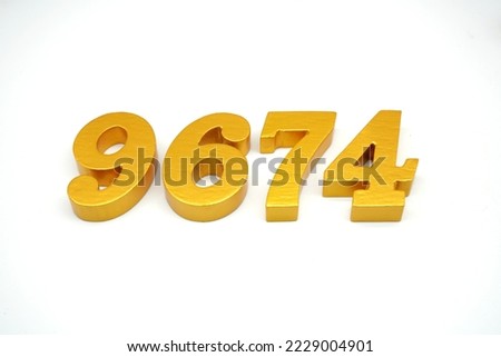   Number 9674 is made of gold-painted teak, 1 centimeter thick, placed on a white background to visualize it in 3D.                               