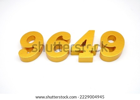  Number 9649 is made of gold-painted teak, 1 centimeter thick, placed on a white background to visualize it in 3D.                                  