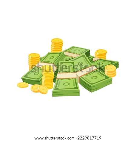 Cartoon money heap, dollar banknotes, golden coin stacks isolated vector currency objects. Packing and piles of green paper bills, lottery win, savings, financial success, richness, wealth, prosperity Royalty-Free Stock Photo #2229017719