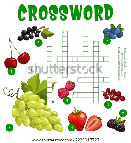 Grape and garden berries crossword worksheet, find a word quiz game. Cartoon vector cross word with redcurrant, blueberry, cherry, strawberry, raspberry, blackberry, blackcurrant puzzle grid Royalty-Free Stock Photo #2229017727