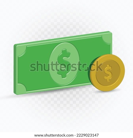 Money coin and money paper clip art realistic vector illustration, icon finance business, dollar coin vector.