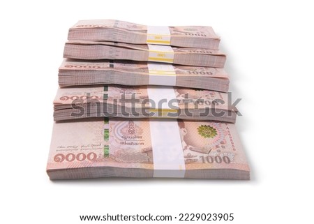 New Thai Banknote 1000 baht stacking isolated on white background. This has clipping path . ( Photo stacking full depth field focus full sharpen)