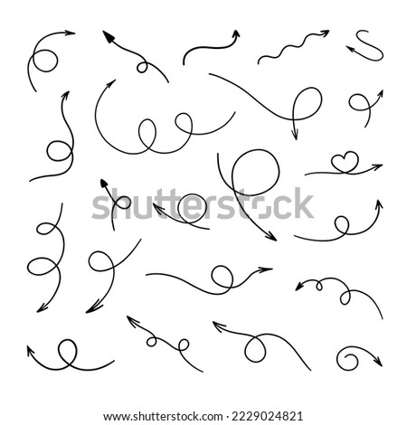 Arrow vector. Curly arrows. Vector wavy arrows. Pointy arrows with swirls and curls isolated on white. 