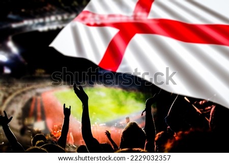 england supporters - double exposure of England flag and football fans celebrating victory Royalty-Free Stock Photo #2229032357