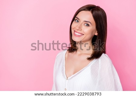 Photo portrait of attractive young lady toothy smile cheerful optimistic mood wear trendy white clothes isolated on pink color background Royalty-Free Stock Photo #2229038793