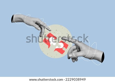 Collage 3d image of pinup pop retro sketch of arms separating two heart jigsaw elements isolated painting background Royalty-Free Stock Photo #2229038949