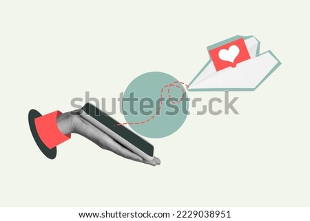 Creative 3d photo collage artwork graphics painting of arm holding modern device getting message isolated drawing background Royalty-Free Stock Photo #2229038951