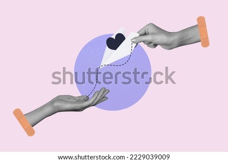 Collage photo banner of valentine day concept hand sending paper postcard love heart symbol message another hand isolated on beige color background Royalty-Free Stock Photo #2229039009