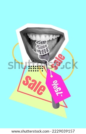 Photo sketch collage graphics artwork picture of smiling mouth eating sales isolated drawing background