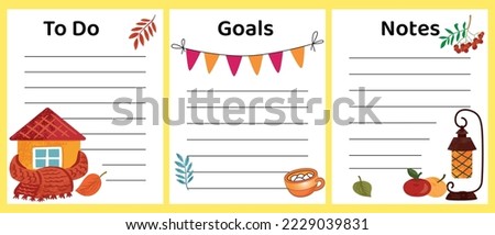 Template for planner to do list note goals with autumn elements house, hot mug, apples, yellow leaf
