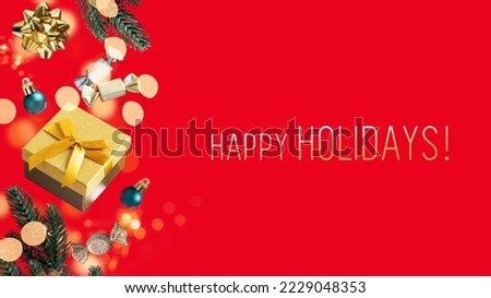 Happy holidays card with gold and silver gifts and decor levitating on red background. Festive Christmas card