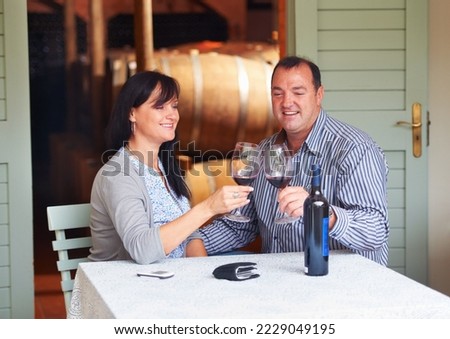 To our future. A happy mature couple toasting with some red wine while sitting at a table on a wine cellar.