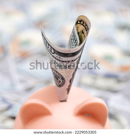 Close up of 100 dollars cash money and piggy bank. Business, finance, investment, saving concept.