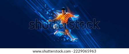 Creative artwork. Young man, sportive football athlete training isolated on dark blue background with polygonal and fluid neon element. Concept of sport, activity, creativity. Copy space for art, text