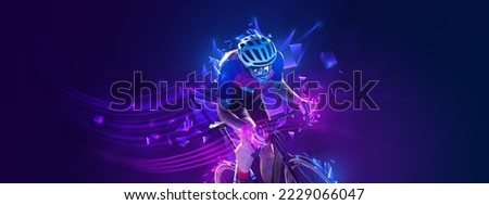 Creative artwork. Man, professional cyclist training, riding on blue background with polygonal and fluid neon elements.. Concept of sport, activity, creativity, energy. Copy space for art, text