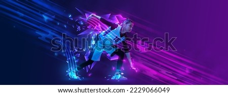 Creative artwork. Teen girl, basketball player training over gradient blue purple background with polygonal and fluid neon elements. Concept of sport, activity, creativity, energy. Copy space for art