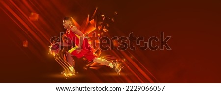 Creative artwork. Sportive man, basketball player in motion over red background with polygonal and fluid neon elements. Dribbling. Concept of sport, activity, creativity, energy. Copy space for art