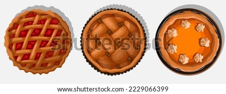 Set of three different pies for Thanksgiving day. Vector illustration of pies with different fillings. Food, bakery, cafe, restaurant, clip-art concept.