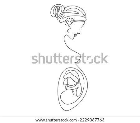 Continuous One line of pregnant woman with embryo silhouette on white background. The concept of women's health, childbirth, abortion, new life, single mother. 